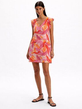 C&C California 100% Linen Floral Dress S Pink Orange Tropical Shift Summer